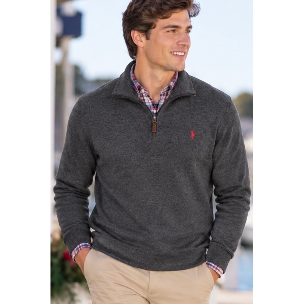 Polo Ralph Lauren Grey Quarter Zip Pullover Size M Cotton Knit Preppy Sweater